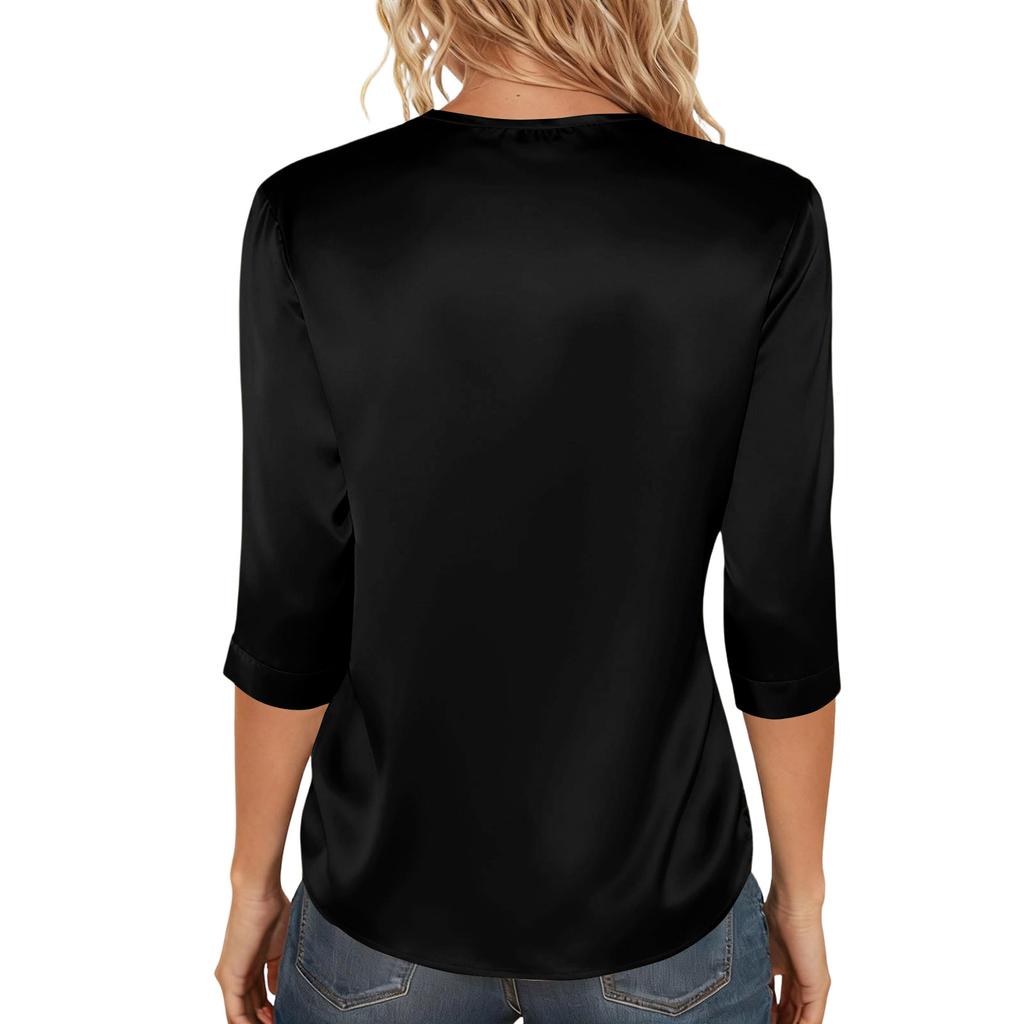 Women's V-neck Three-quarter Sleeve Satin Shirt Top, Lightweight For Spring And Summer
