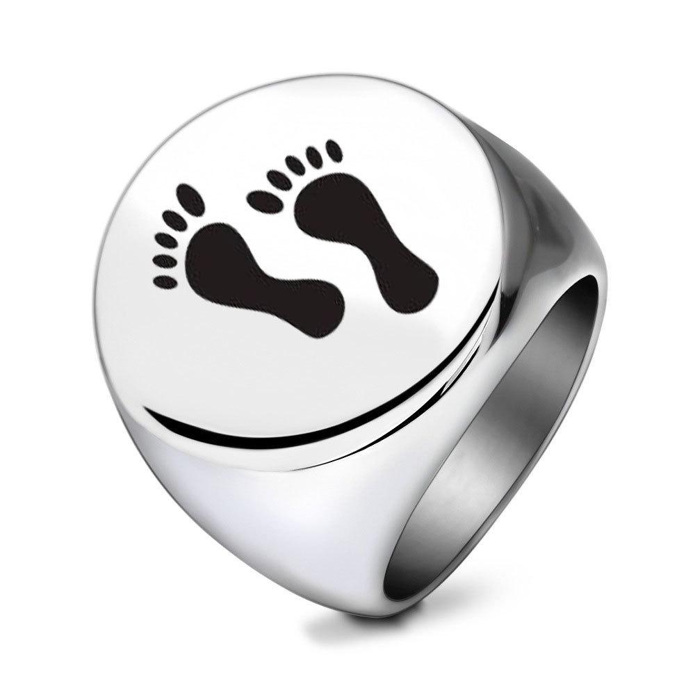 Mother s Day Gift: 22MM Round Laser-Engraved Mother and Child Footprint Stainless Steel Ring Size 8