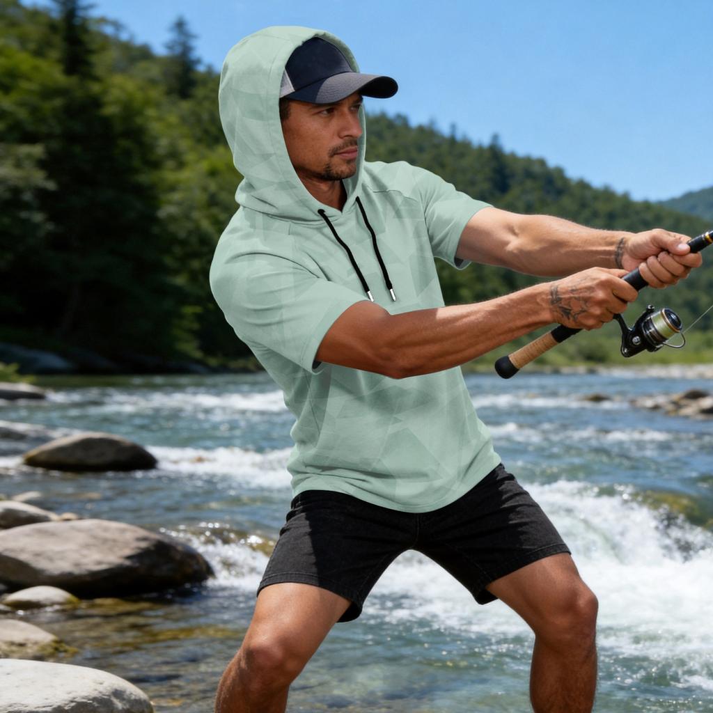 Men's Short Sleeve Hoodie UPF50+ Sun Protection Casual Sports Fishing Outdoor Lightweight Breathable Quick Dry Sweatshirt