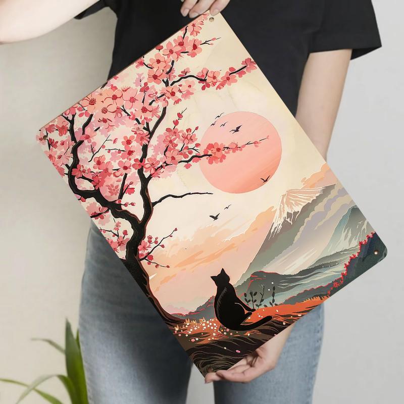 

Cherry Blossom Tree Black Cat Viewing Fuji Mountain Sunset Metal Wall Art Decor 20x30cm（7.8x11.8inch）