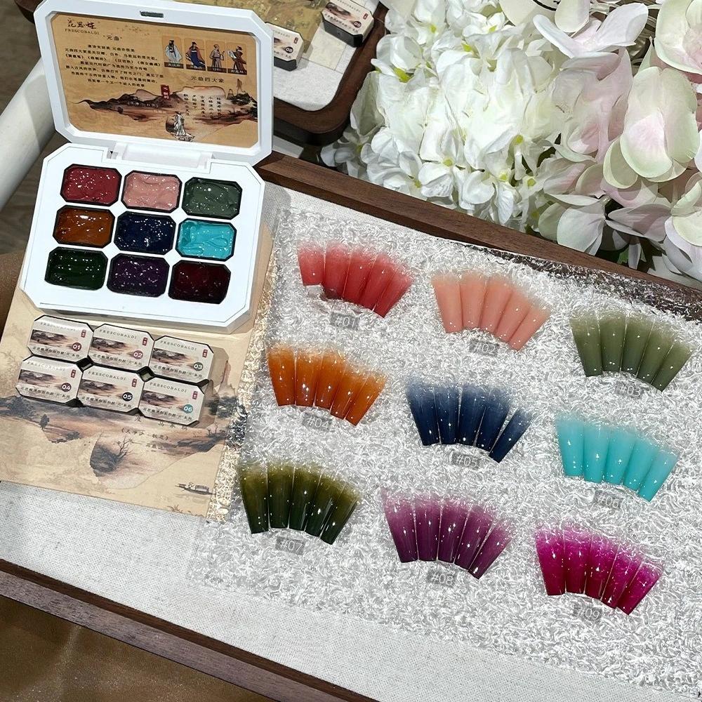 Serie di 9 colori Mini Stile Cinese di Colla Pat Pat Collezione Palette Ombretti Pittura Degradé Smalto per Unghie Glitter per Unghie