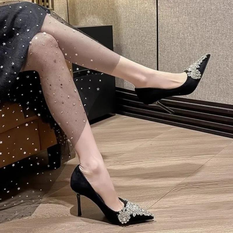 Fashion Autumn Fashion Women Shoes Velvet Thin Heel Pointed Toe Pumps Luxury Bling Sandals Wedding Party Glitter Diamonds High Heels