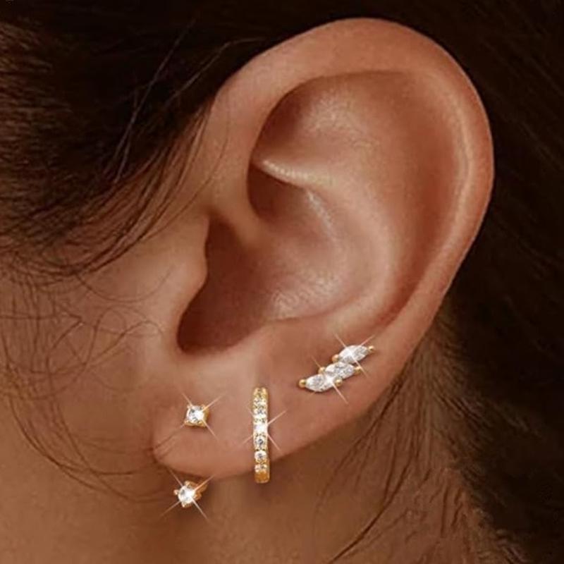 3PCS Stainless Steel Gold Color Circle Hoop Earrings Set for Women Simple Zircon Flower Stud Earring Cartilage Piercing Jewelry