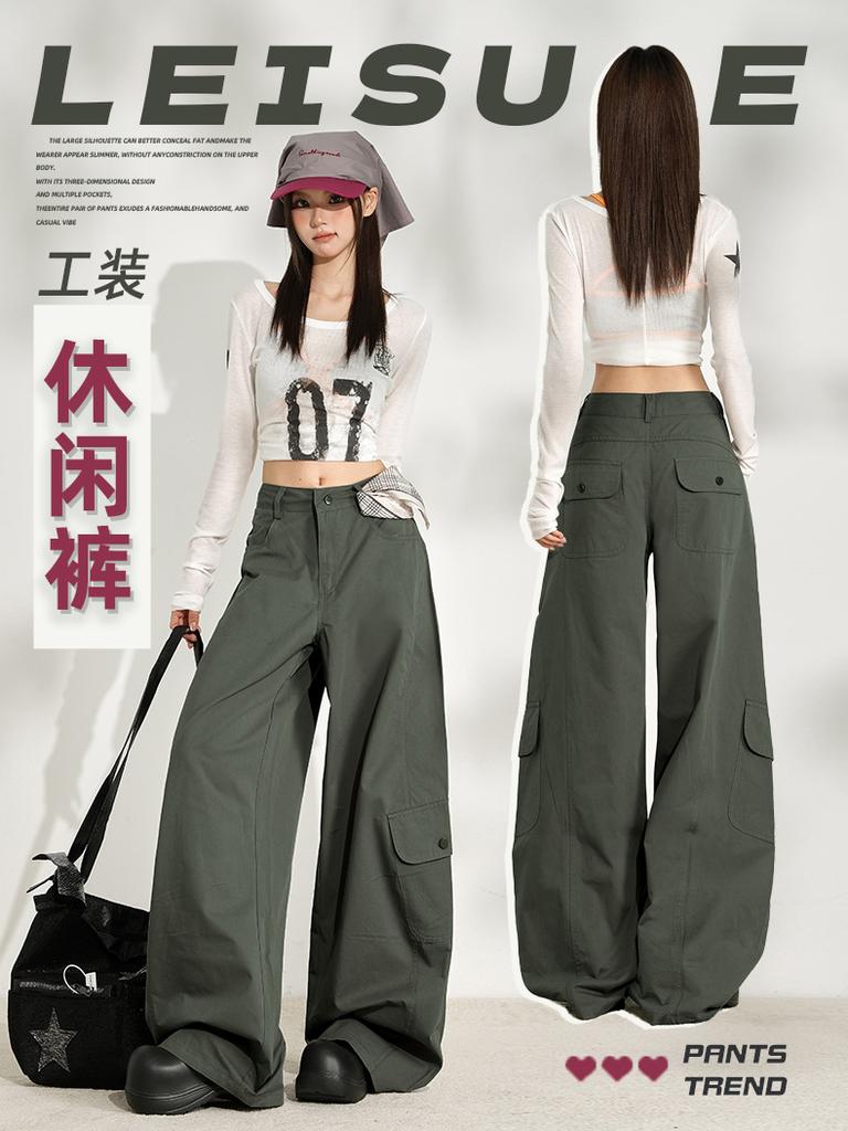 Navy Blue American Street Gal Multi-Pocket Workwear Casual Pants for Women, 1116 Autumn New Simple Trendy Floor-length Pants