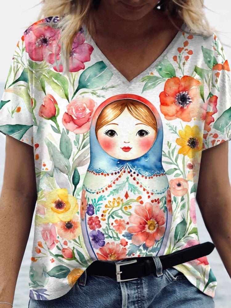 Matryoshka Doll 3D Print Russian Style T-Shirts Women's V-Neck Short Sleeve T Shirt Y2k Harajuku Tees Casual Top Female Clothing