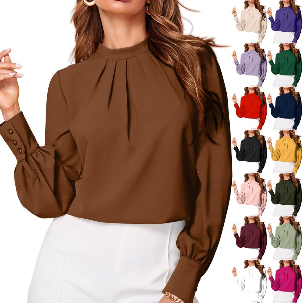 Ladies' Fashionable And Elegant Chest Pleated Stand Collar Long Sleeved Solid Color Top