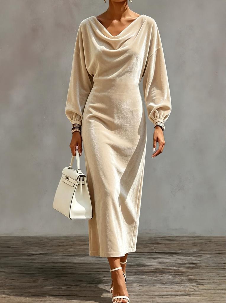 Autumn and Winter Women's Clothing, Fashionable New Velvet Lantern Sleeves Swing Neck Long-sleeved Split-ended Dress