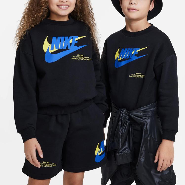 Nike Letter Logo Print Crew Neck Long Sleeve Sweatshirt Kids Tops Black DX5140-010
