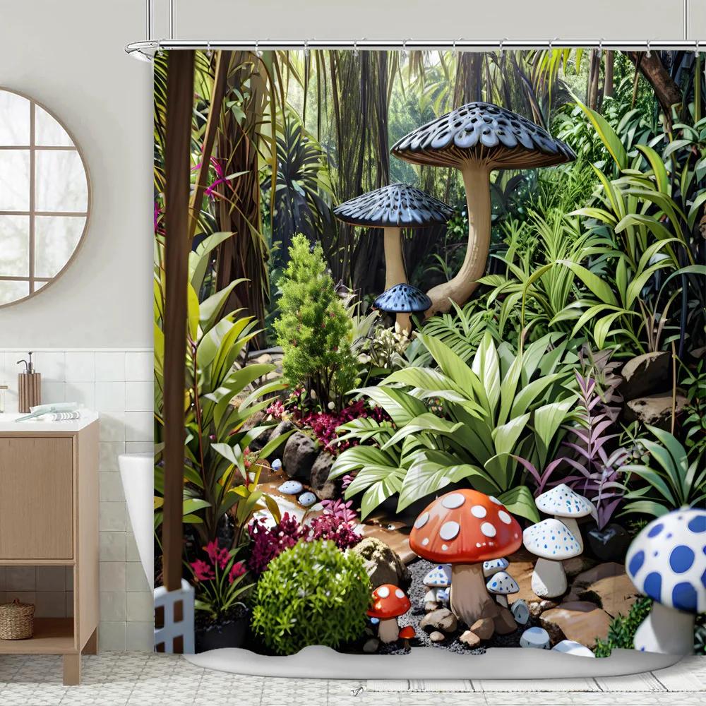 Garden Scenery Shower Curtain Mushroom Jungle Nature Plants Flower Patio Forest Green Leaf Polyester Bathroom Decor Curtains Set