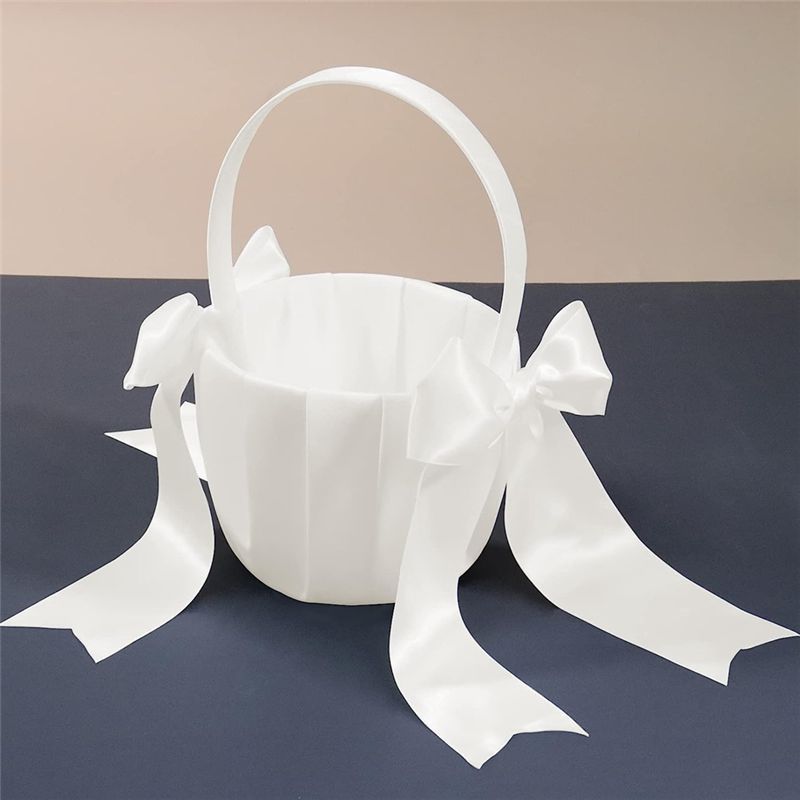 A84E-2er-Pack Weißer Blumenmädchenkorb Hochzeitskorb Für Blumenmädchen Niedlicher Satin-Blumenmädchenkorb