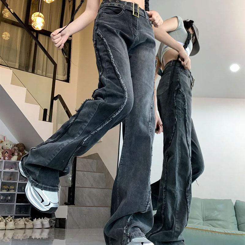 Stylish High Waist Black Washed Trousers Female Clothing Wide Leg Denim Pants Distressed Stitch Detail Streetwear Casual Jeans