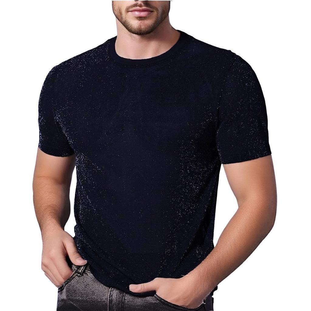 Top lucido da uomo, T-shirt a maniche corte girocollo in rete trasparente