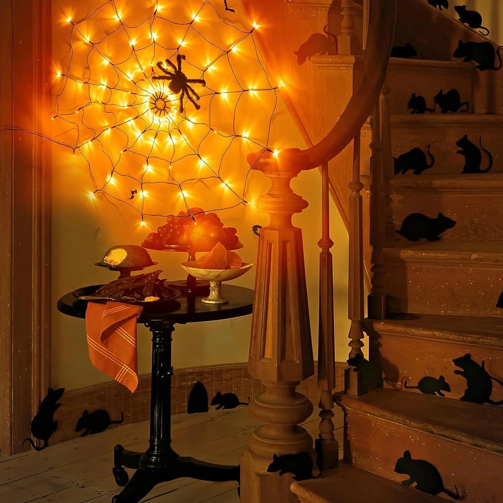 Halloween Spider Web Lights Spider Net LED String Lights with 8 Lamp Mode for Haunted House Halloween Home Window Wall Decor
