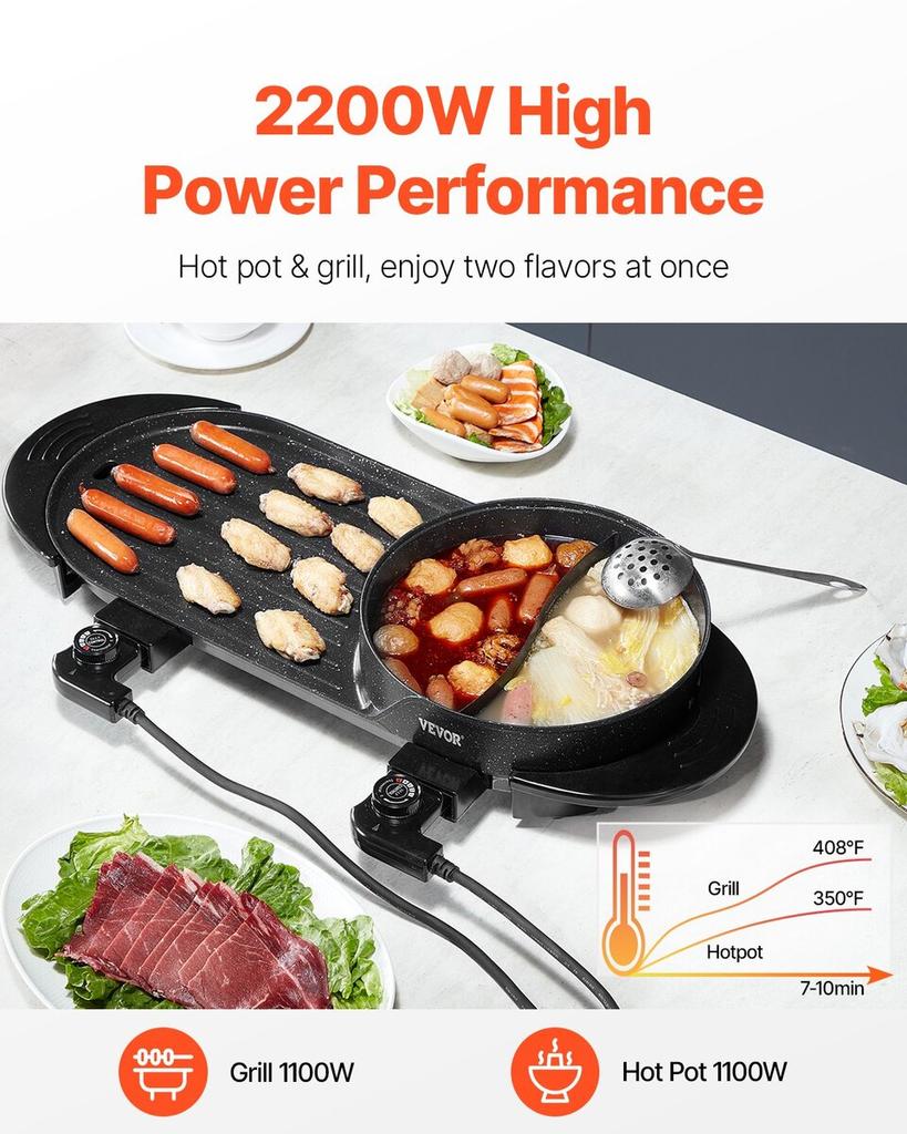 Hot Pot with Grill 2200W 2-in-1 Electric Smokeless Grill and Hot Pot