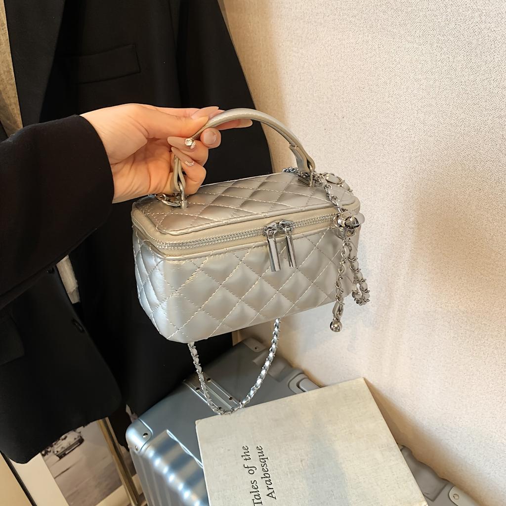 French Style Silver Quilted Box Bag, Versatile Everyday Crossbody Makeup Bag, Commuter Shoulder/Crossbody Women's Bag