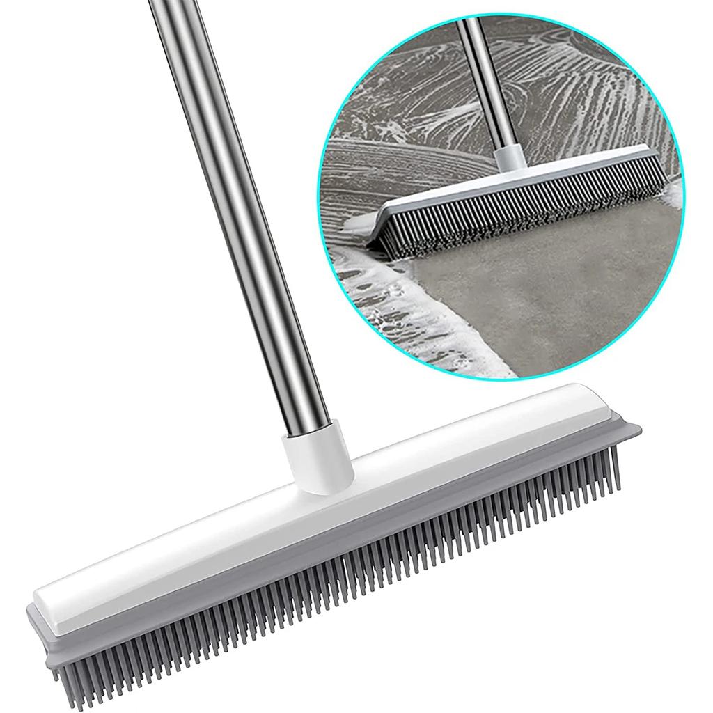 2 In 1 Rubber Broom Carpet Brush with Adjustable Long Handle Soft Push Broom for Pet Cat Dog Hair Fur Removal Carpet Floor Brush