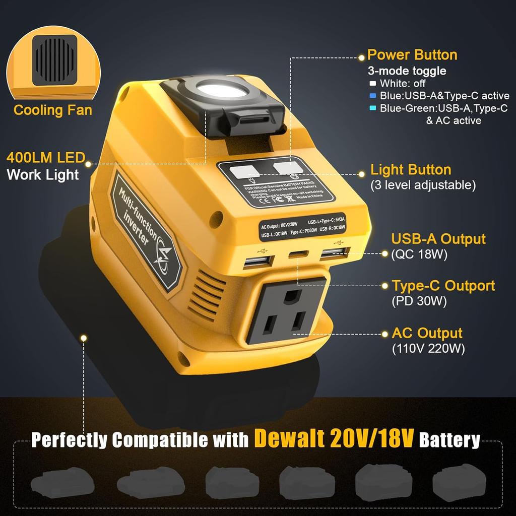 220W Portable Power Inverter Compatible With Dewalt 20V Battery, DC 20V To AC 110V Battery Inverter, Power Station With 400LM LED Work Light, 1 AC