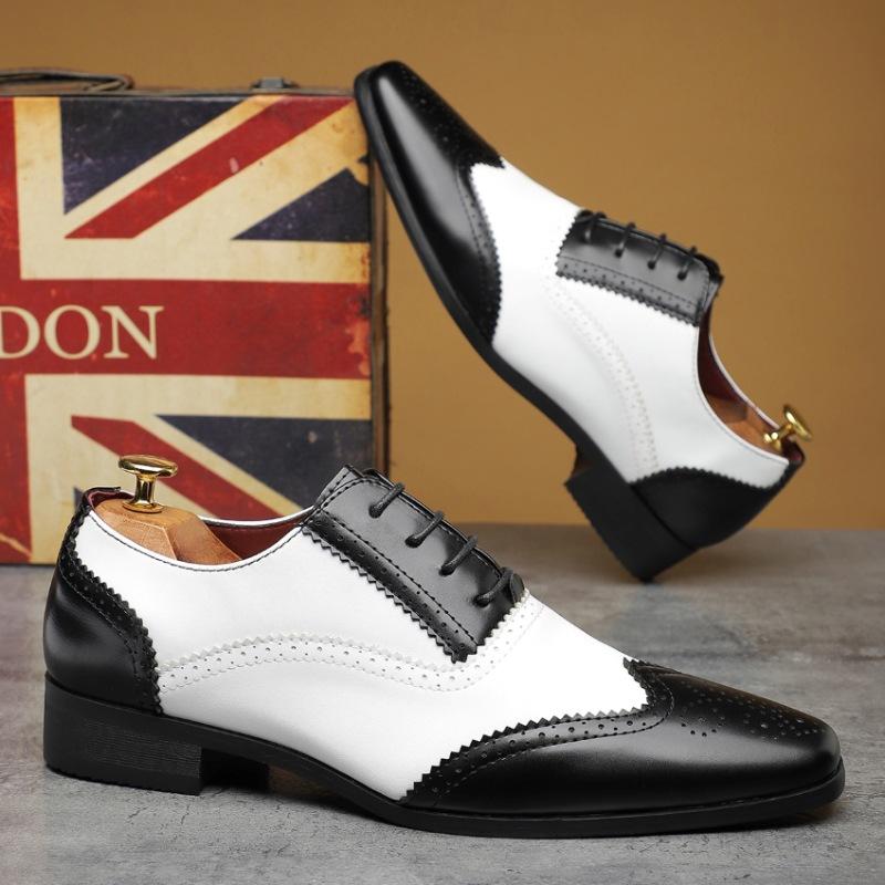 New Men's White Black Mix Patchwork Pointed Leather Casual Oxfords Shoes Male Wedding Dress Homecoming Footwear Zapatos Hombre