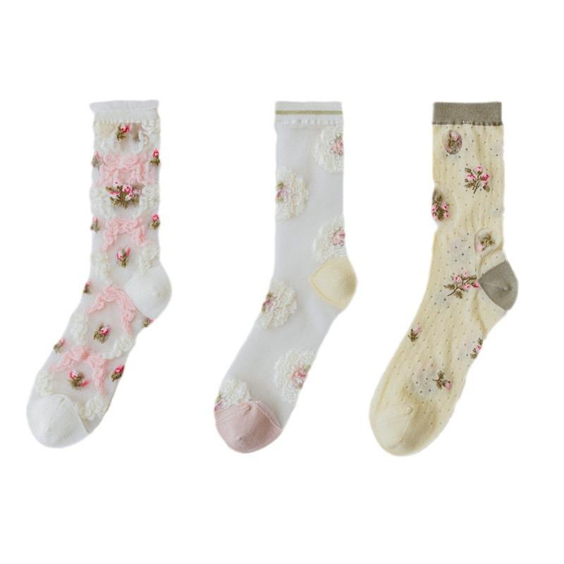 WJN New Women Flower Sock Summer Lace Crystal Glass Silk Socks Short Thin Transparent Roses Jacquard Elastic Ultra Thin Socks