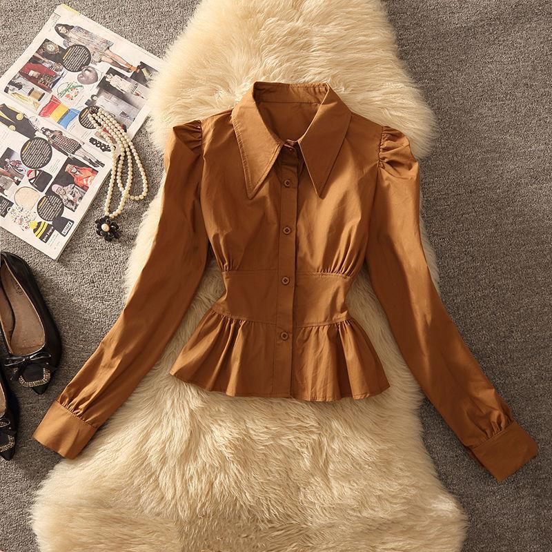 

Новый Шикарный Дизайн Нишевая Маленькая Рубашка с Утяжкой на Талии Французский Стильный Топ с Длинными Рукавами XL коричневый