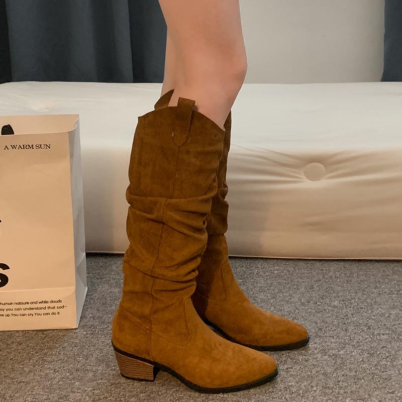 Winter Pointed Toe Women Knee High Boots Thick Heels Stripper Mordern Long Booties Shoes Zapatos De Mujer