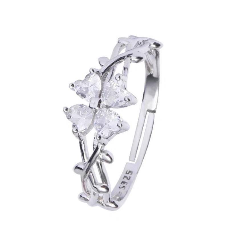 Anello regolabile a forma di quadrifoglio in argento S925 per donna - Lusso leggero, design alla moda e unico