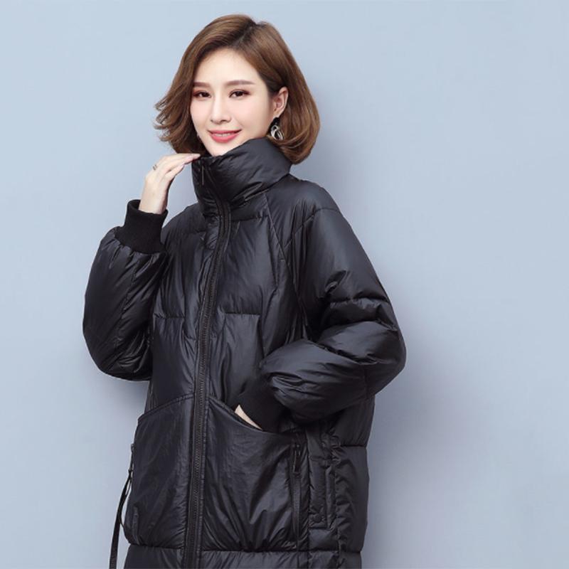 Women's Winter Korean Loose Quilted Coat Warm Stand-collar Down Jacket Women's Glossy Mid-length Down Jacket