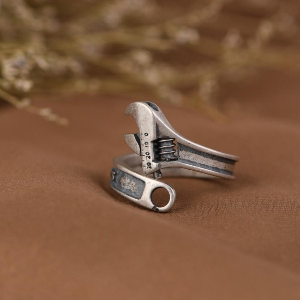 Heavy Duty Spanner Finger Ring Silver Plated Biker Jewelry Wrench-Shaped Open Ring Boys Girls