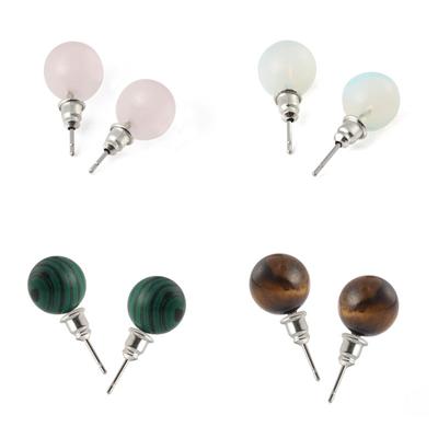 1 par de brincos de pedra natural redondos, quartzo rosa, azul, turquesa, malaquita, olho de tigre, pedra, brincos de pino para mulheres, homens, uso diário, joias de 1 cm