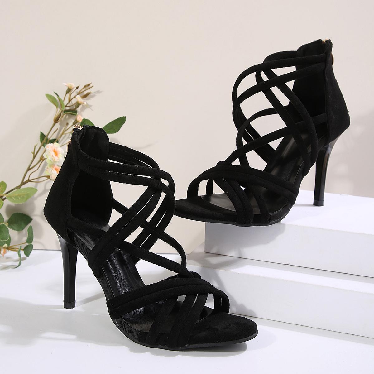 

2025 новая мода босоножки на высоком каблуке большой размер новые ботильоны на молнии сзади шпилька открытый носок сандалии 42 чёрный