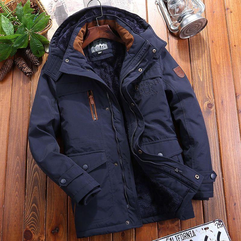 Winter Cotton Clothes Men's Medium and Long Thermal Cotton-padded Clothes with Fleece and Thickened Jackets, Loose Middle-aged and Young People