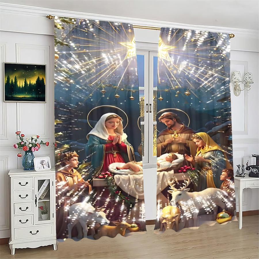 Set Of 2 Christmas Savior Jesus Pattern Printed Curtains Decorations Home Room Curtain Made Polyester
