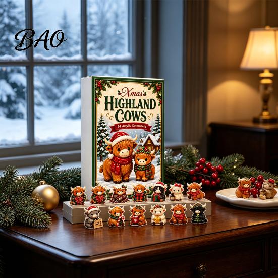 Decorative Tabletop Display 2026 Highland Cow Advent Calendar, 24 Day Christmas Countdown Calendar with 2D Acrylic Collectible Durable Hanging Pieces