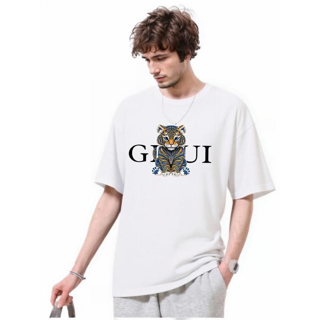 Tiger pattern printed T-shirt loose fit unisex casual daily versatile trendy short sleeved top