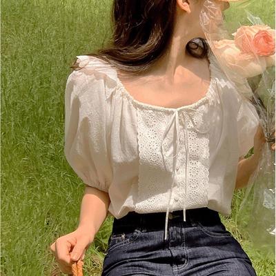Bluză din mozaic din dantelă dulce de vară pentru femei, chic, cu gât pătrat, cămașă cu mâneci puf, cu dantelă, largi, elegante, bluze pentru damă de birou 24142