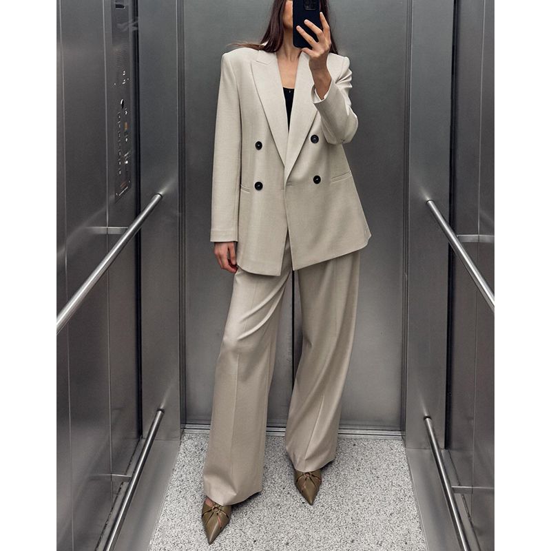 Double Breasted Suit with Padded Shoulder Outwear 2129095 Pleated Wide Leg High Waist Casual Trousers 2125095