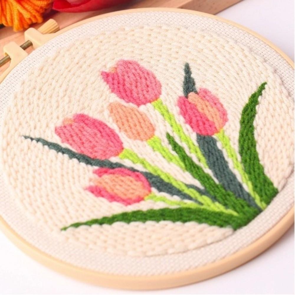 Stamped Cloth Tulip Sunflower Punch Needle Kit Yarn Thread DIY Embroidery Kit