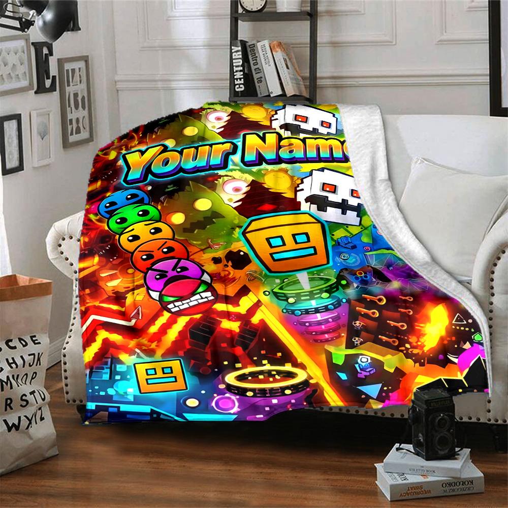 1pc Geometry Dash Blanket with Custom Name, Gift, for Men and Women, Soft Blanket, Good for Sofa Bed Couch Travel, Lightweight Flannel Blanket