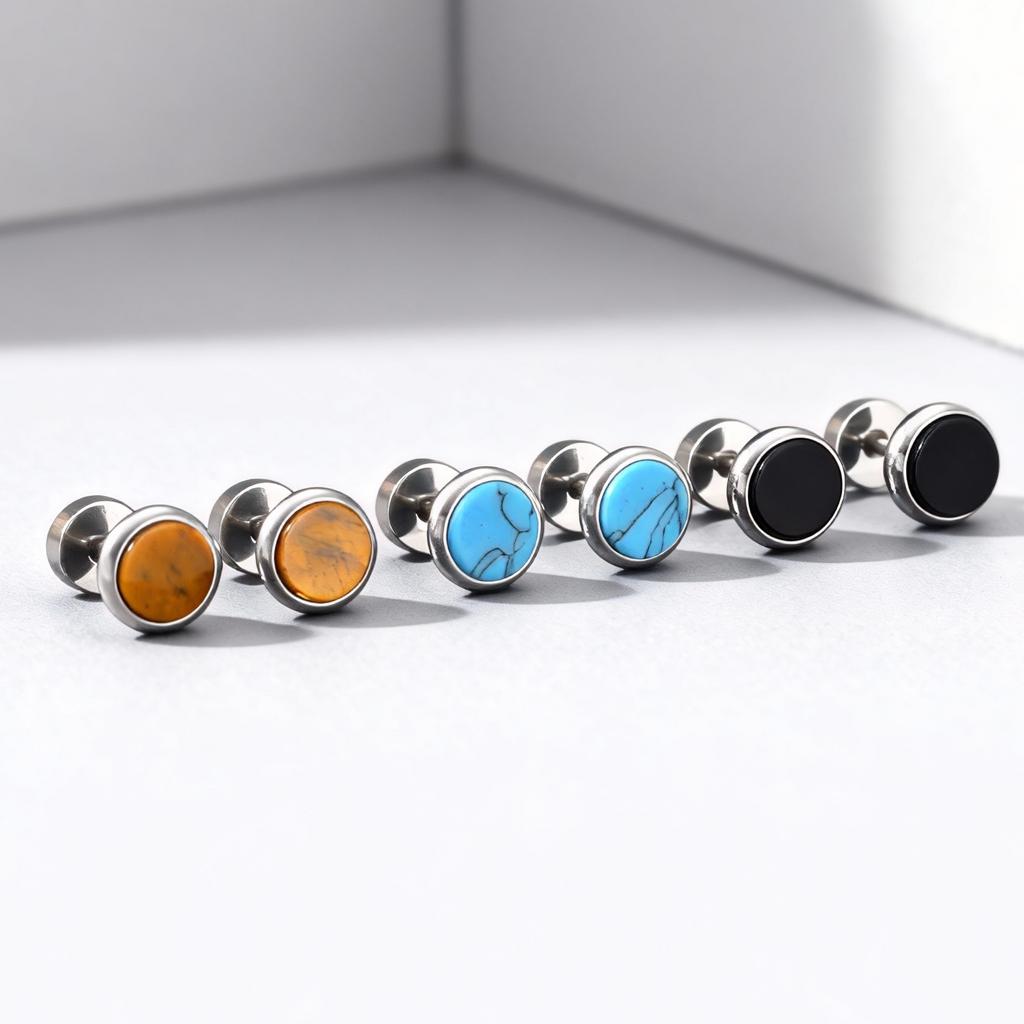 Small Round Natural Stone Stud Earring for Men,Hypoallergenic Stainless Steel Stud Earrings,Hip Hop Fashion Jewelry Gift