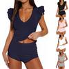 Damen ärmelloses Strick-Westen-Top und Shorts Set V-Ausschnitt Rüschen-Schulterdetail Lässiges zweiteiliges Outfit Sommerkleidung