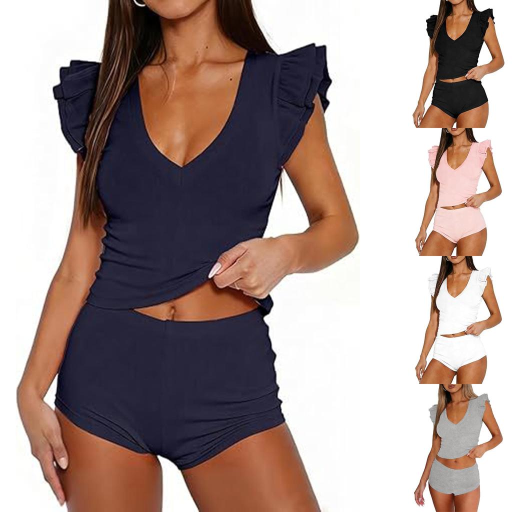 Damen ärmelloses Strick-Westen-Top und Shorts Set V-Ausschnitt Rüschen-Schulterdetail Lässiges zweiteiliges Outfit Sommerkleidung