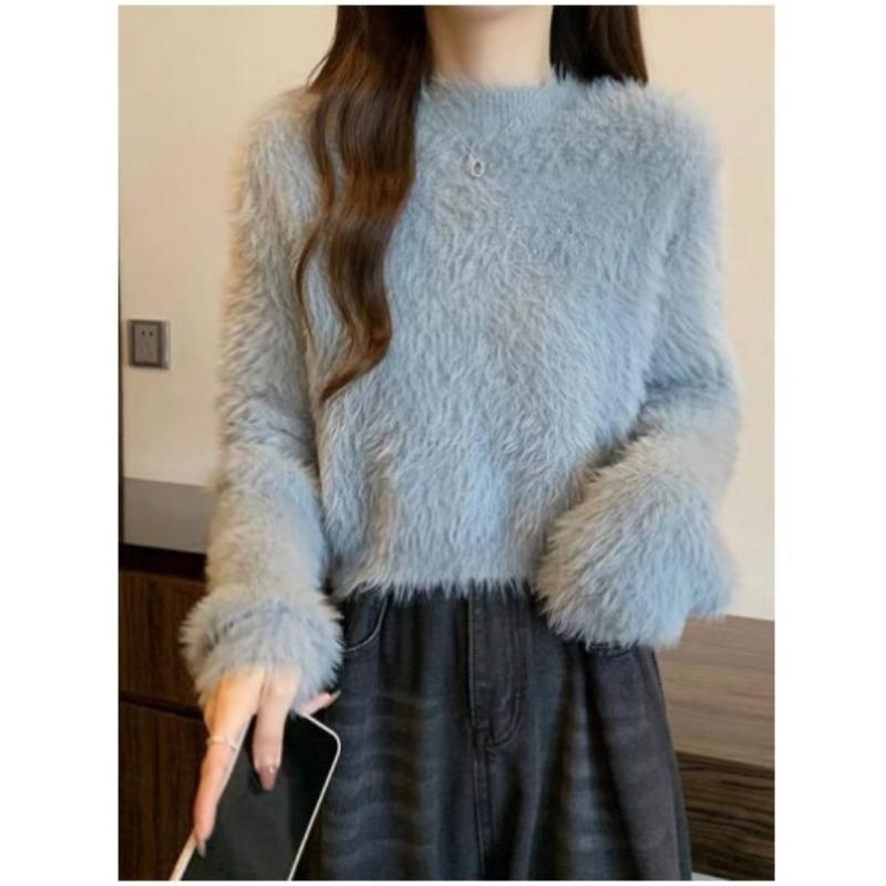 Autumn Winter Dopamine Sweet Soft Glutinous Short Sweater Loose Slimming Imitation Mink Fur Knitted Top for Women T-Shirts Women’s