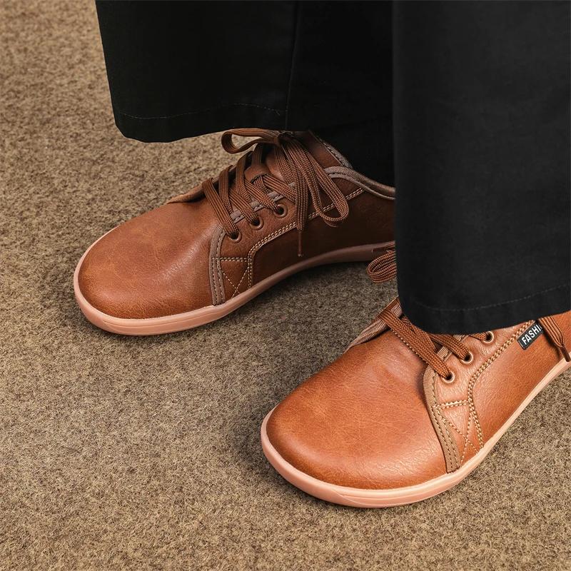 

2025 SNORW Минималистичные туфли унисекс с широким носком босиком Zero Drop Shoes Повседневные кожаные модные кроссовки tenis masculino 44 коричневый