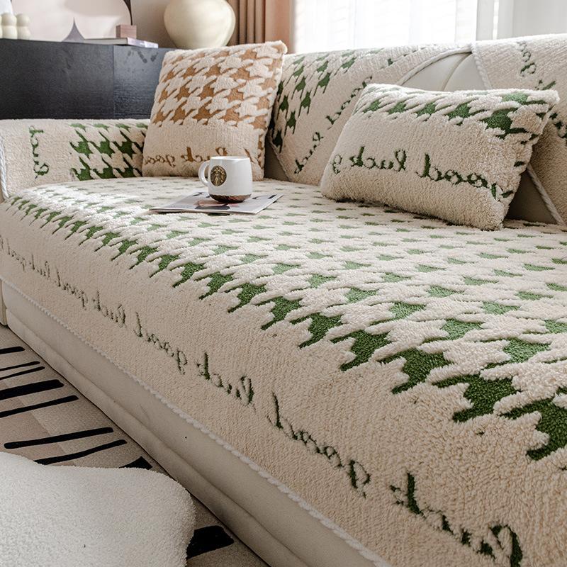 Winter Houndstooth Sofa Cushion Non-Slip Thickened High-Grade Plush Cushion Winter Sofa Cover Towel