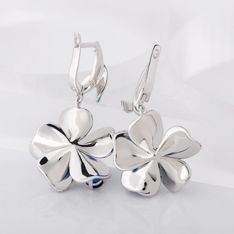Buyee 925 Sterling Silver Big Clip Earring Elegant Blue Enamel Flower Earring for Woman Girl Wedding Fine Jewelry Earring