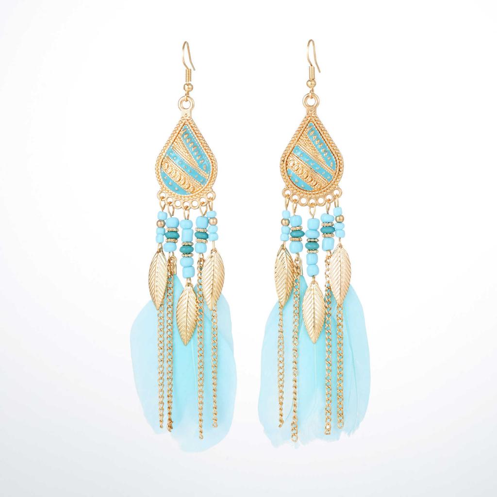Vintage Bohemian Feather Tassel Earrings Exaggerated Ethnic Vacation Dangle Ear Jewelry Fashion Accessories For Women
