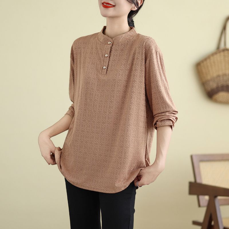 Autumn Winter Jacquard Loose Long Sleeved Shirt Plus Size Women's Base Shirt Middle-aged Elderly Thin Style Shirts