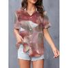 Women's Pink-Brown Abstract Print Short-Sleeve Shirt with Buttons Lightly Mature Artistic Casual Blouse Fashion Trend