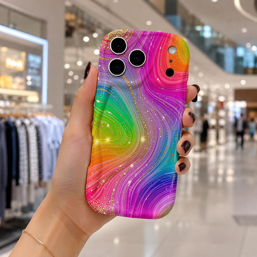 Rainbow Iridescent Gold Glitter Fluid Wavy Edge Phone Case For iPhone 17 16 15 14 13 12 11 8 7 Plus Pro Max Liquid Cover