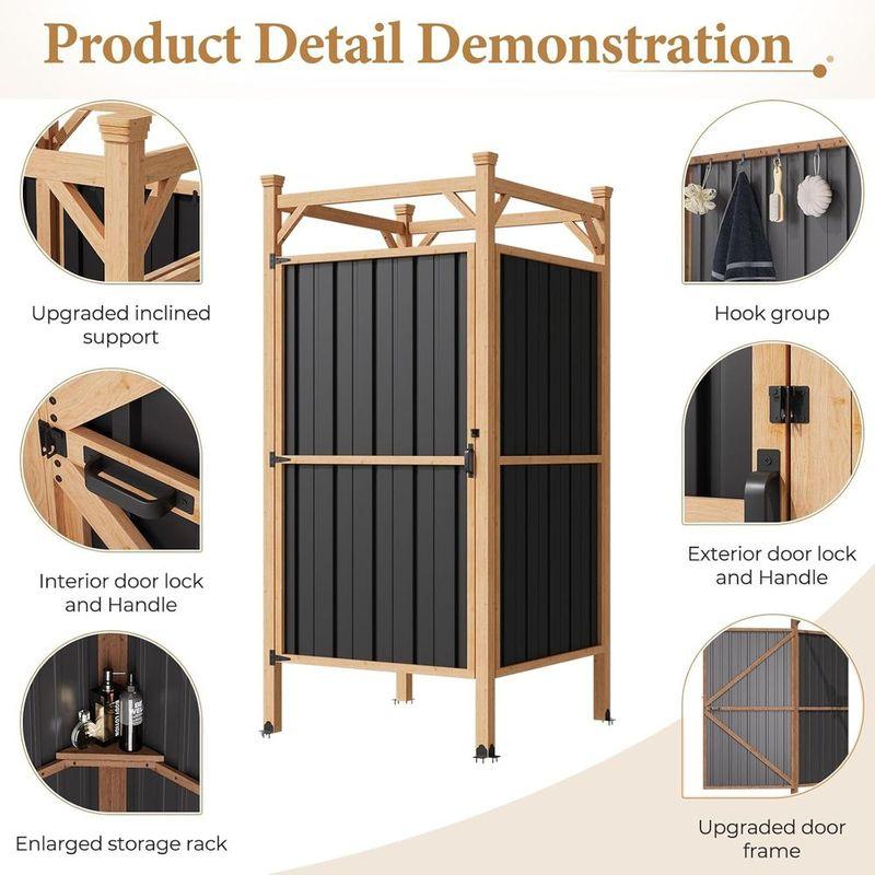 Secure Outdoor Shower Enclosure with Metal Panels, Hooks, and Shelves - Ideal for Pool and Beach Rinsing, Compact Design